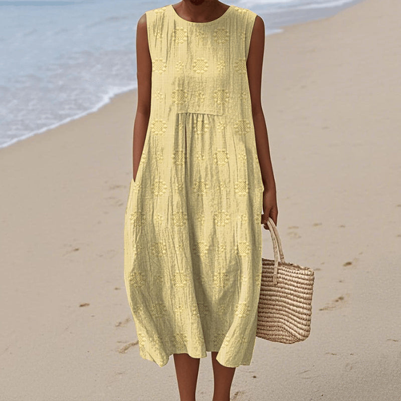 Women’s Midi Dress – Sleeveless Loose Fit – Natural Fibers – Floral Print – Pockets
