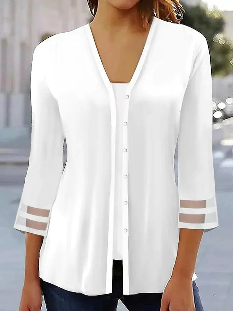 Women’s Shirt – Loose Fit – V-Neck – Button-Down – Sheer Sleeve – Cotton Blend