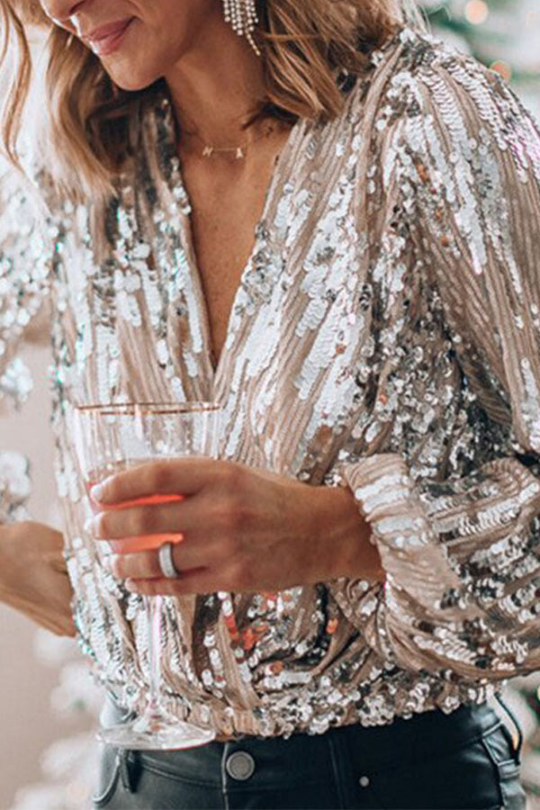 Women’s Blouse – Sequin Embellished – V-Neck – Balloon Sleeves – Draped Fit