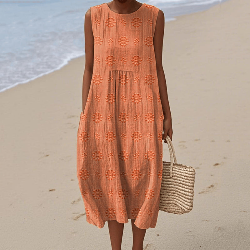 Women’s Midi Dress – Sleeveless Loose Fit – Natural Fibers – Floral Print – Pockets