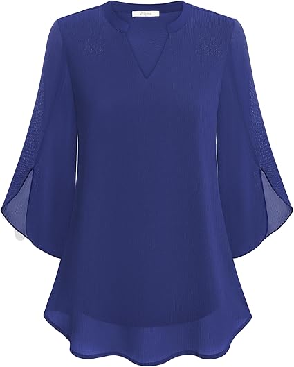 Women’s Blouse – Relaxed Flowing Fit – Chiffon Feel – 3/4 Bell Sleeve V-Neck