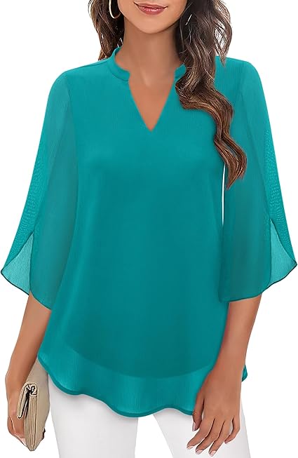 Women’s Blouse – Relaxed Flowing Fit – Chiffon Feel – 3/4 Bell Sleeve V-Neck