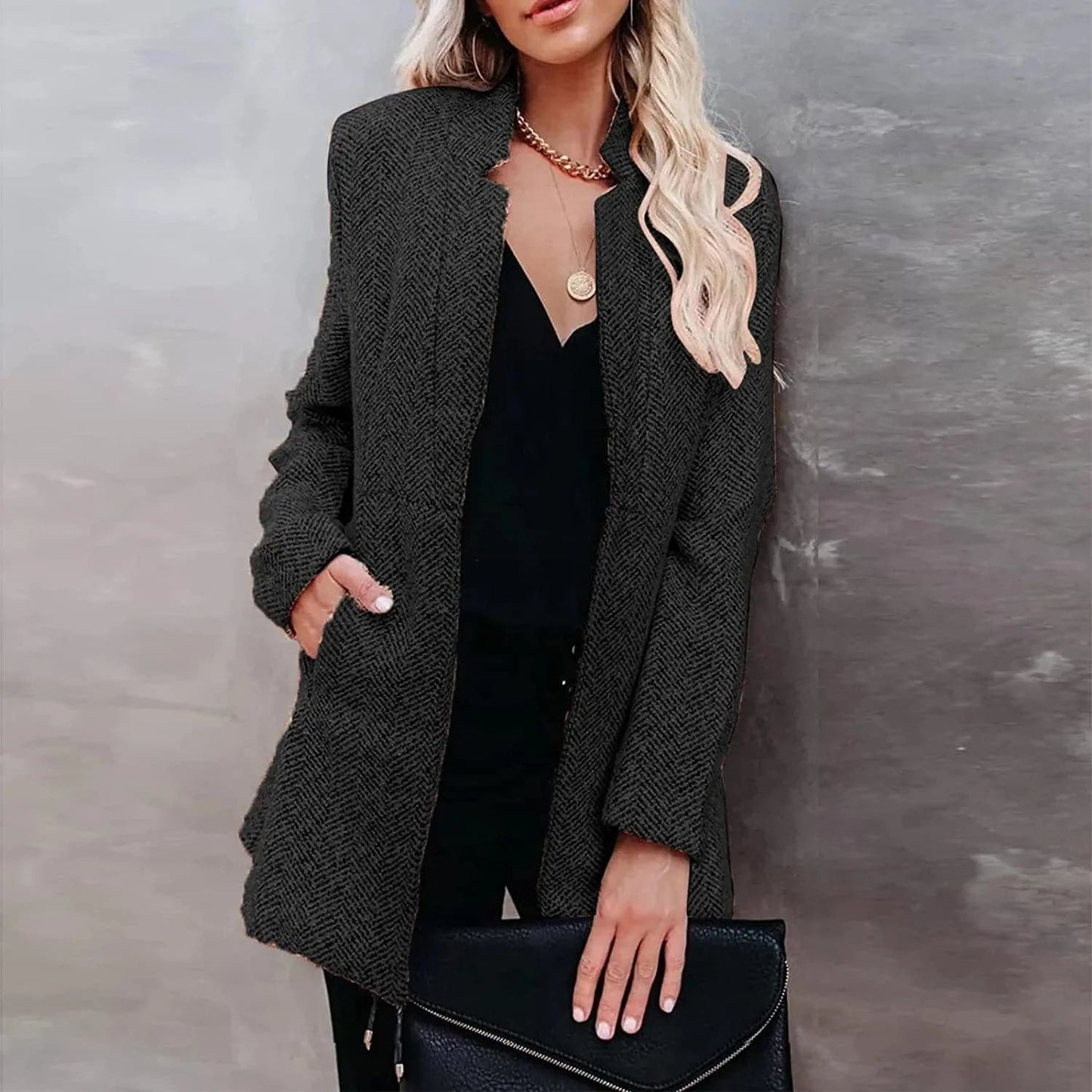 Women’s Blazer – Tailored Fit – Textured Wool Look – Open Front – Structured Silhouette