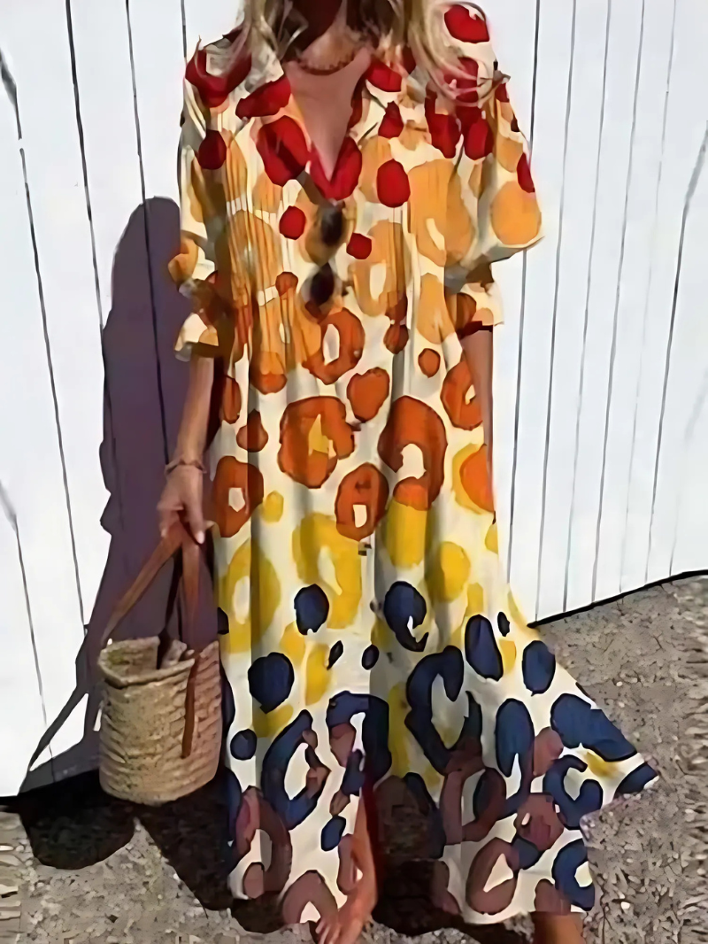 Women’s Maxi Dress – Relaxed Fit – Button Front – Retro Leaf Print – Breathable Blend