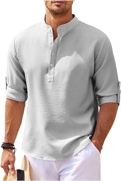 Men’s Casual Shirt – Relaxed Fit – Band Collar – Natural Fibers – Buttoned Cuffs