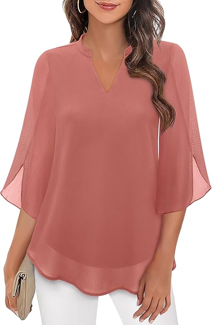 Women’s Blouse – Relaxed Flowing Fit – Chiffon Feel – 3/4 Bell Sleeve V-Neck