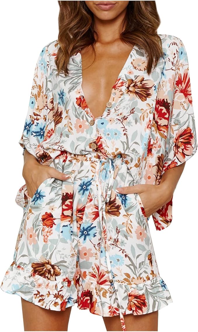 Women's Bohemian Dress - Flowing A-Line Fit - Long Wide Sleeves - Cinched Waist