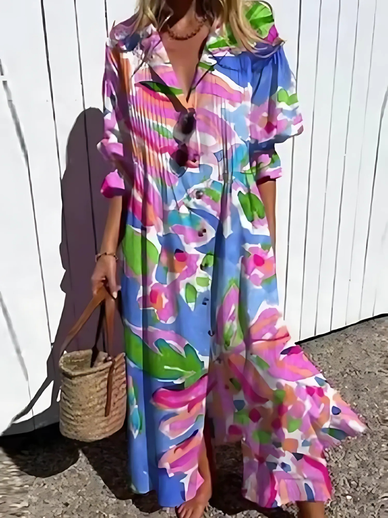 Women’s Maxi Dress – Relaxed Fit – Button Front – Retro Leaf Print – Breathable Blend