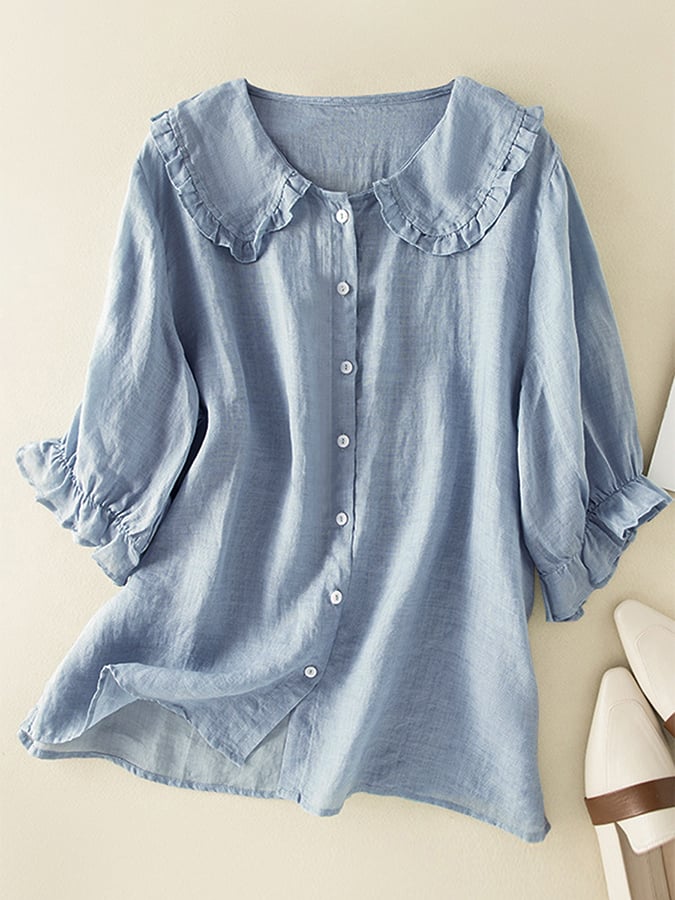 Women’s Blouse – Cotton Linen Blend – Loose Fit – Ruffle Collar – 3/4 Sleeve