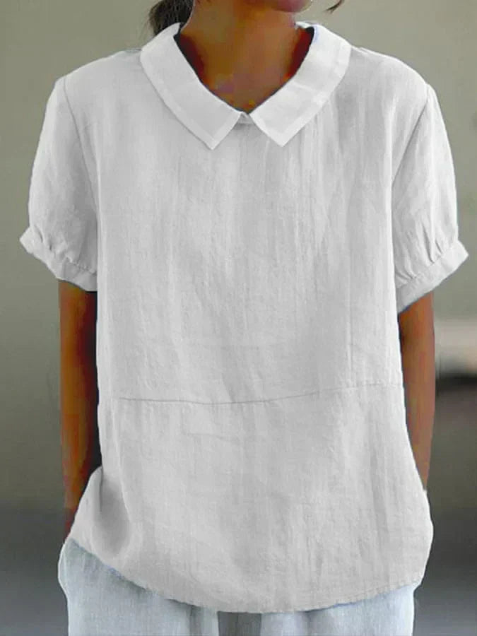 Women's Blouse - Linen Cotton Blend - Loose Fit - Short Sleeve Peter Pan Collar