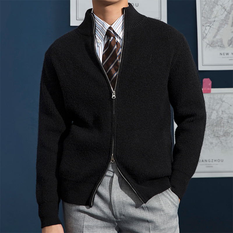 Men’s Cardigan – Slim Fit Wool Blend – Zip Front High Collar Ribbed Knit