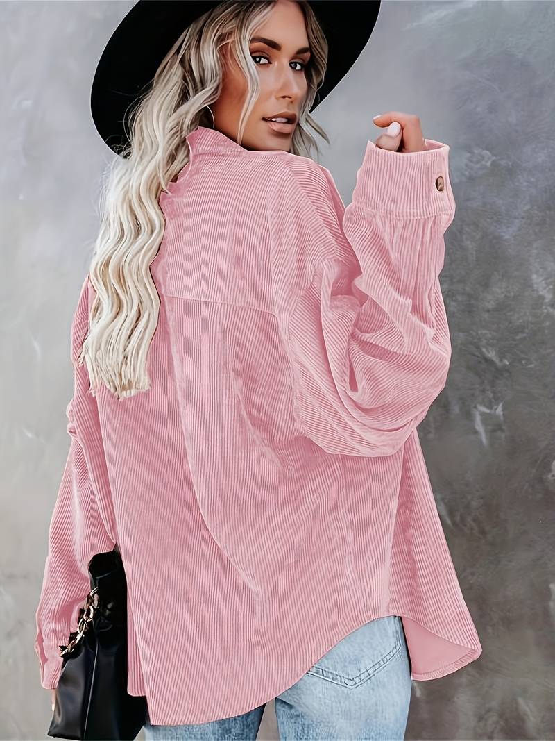 Women’s Shirt – Oversized Fit – Soft Ribbed Texture – Long Sleeve Button-Up Casual