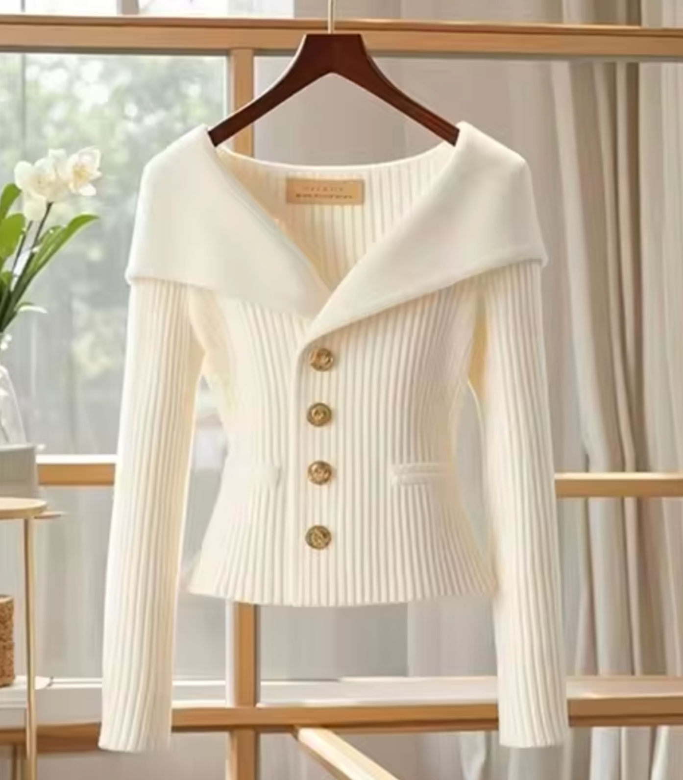 Women’s Short Cardigan – Fitted Knit – Ribbed Texture – Wide Collar – Gold Buttons