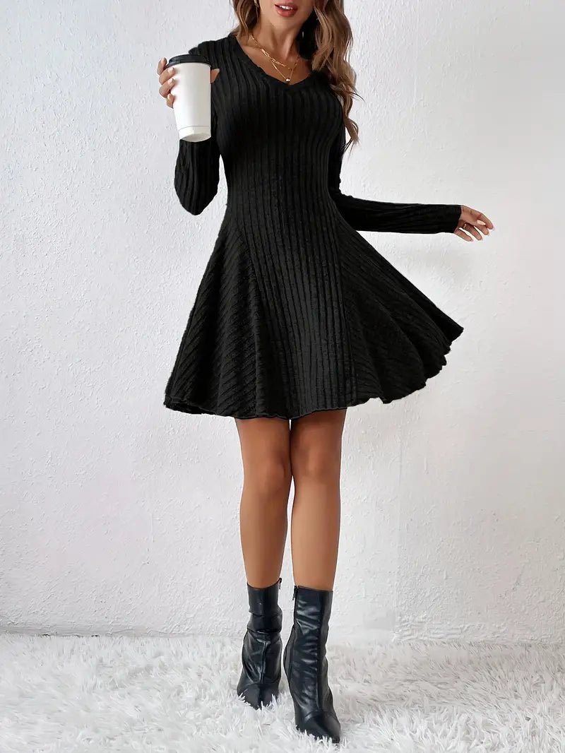 Women's Ribbed V-Neck Dress - Long Sleeve - Fitted Bodice - A-Line Knee Length