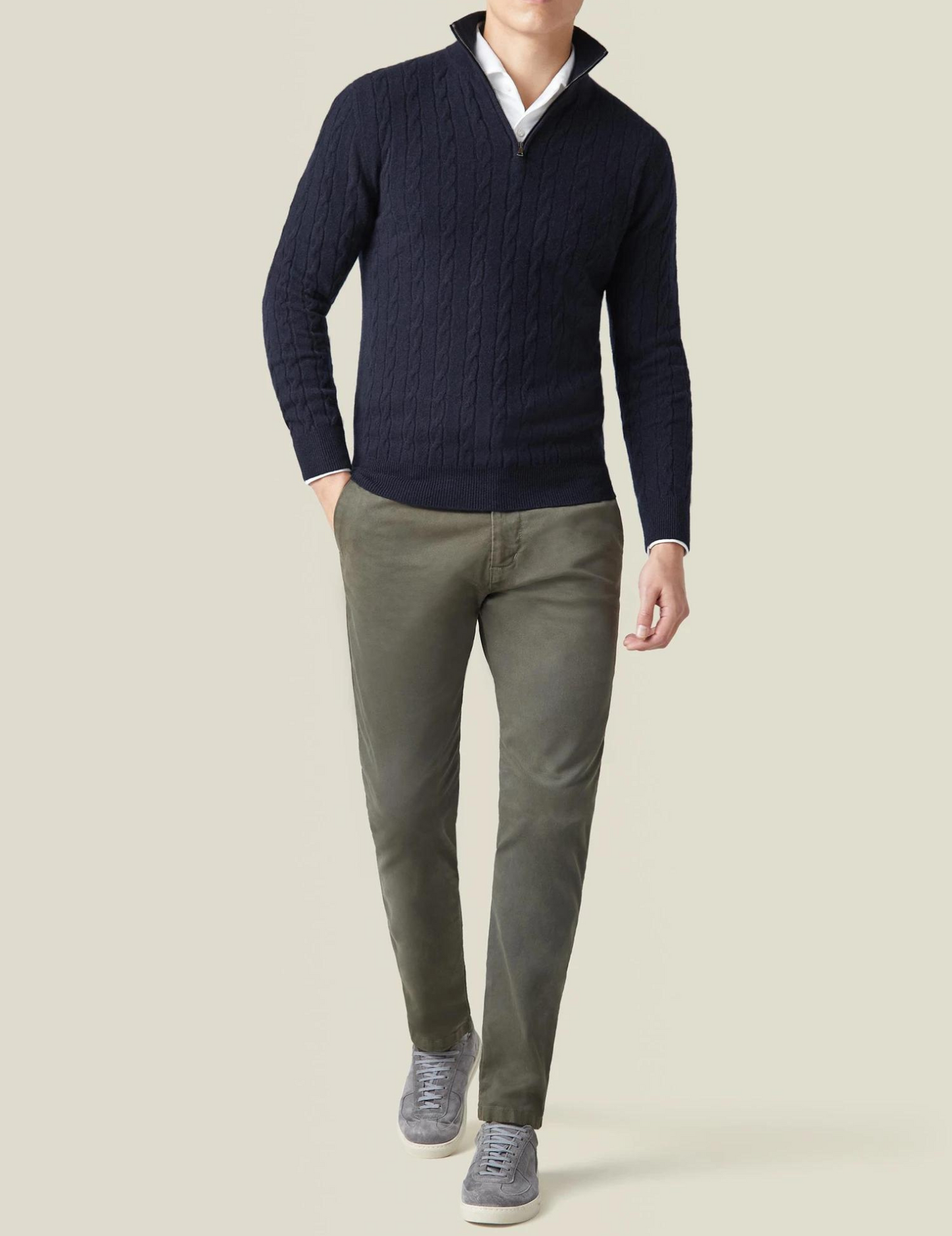 Men’s Cable Knit Sweater – Wool Blend – Half Zip – Stand Collar – Smart Casual Fit