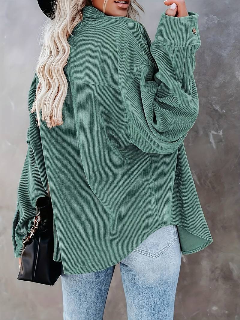 Women’s Shirt – Oversized Fit – Soft Ribbed Texture – Long Sleeve Button-Up Casual