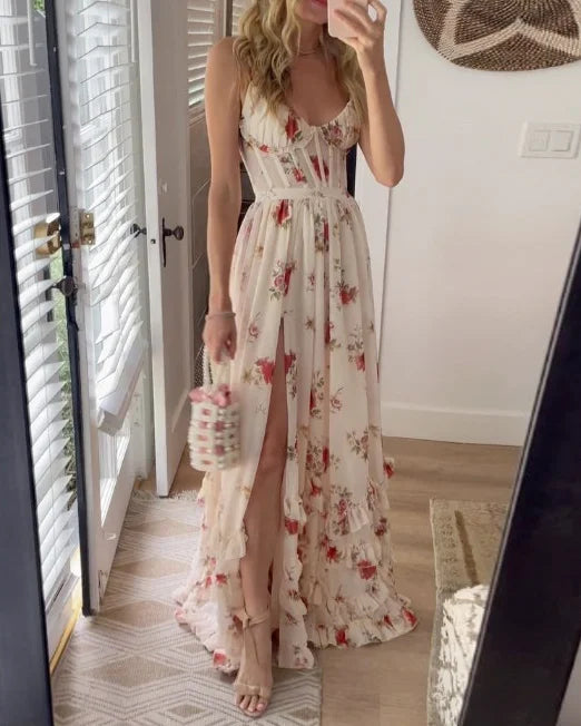 Women's Maxi Dress - Floral Print - V-Neck - Spaghetti Straps - Cinched Waist - Front Slit