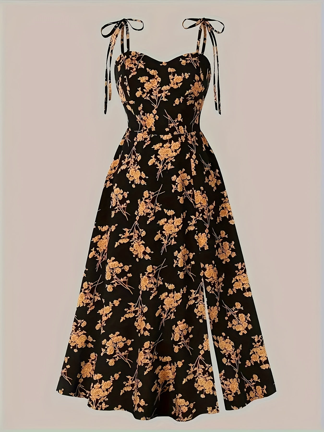 Women's Midi Dress - A-Line Fit - Ruched Bodice - Tie Strap Sleeveless - Floral Print