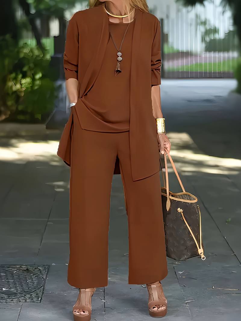 Women's Draped Jacket and Wide-Leg Trousers Set - Jersey - Relaxed Silhouette