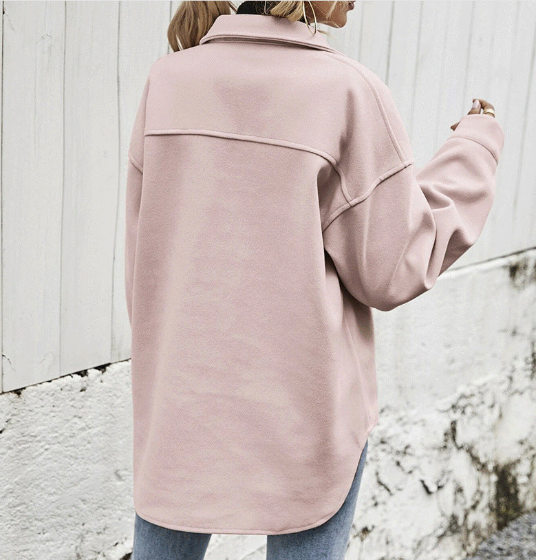 Women’s Oversized Jacket – Wool Blend – Button Front – Boxy Fit – Flap Pockets