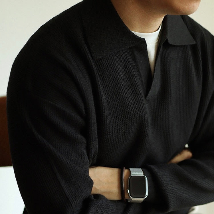 Men’s Knit Pullover Top – Relaxed Fit – Long Sleeve – Buttonless Polo Collar