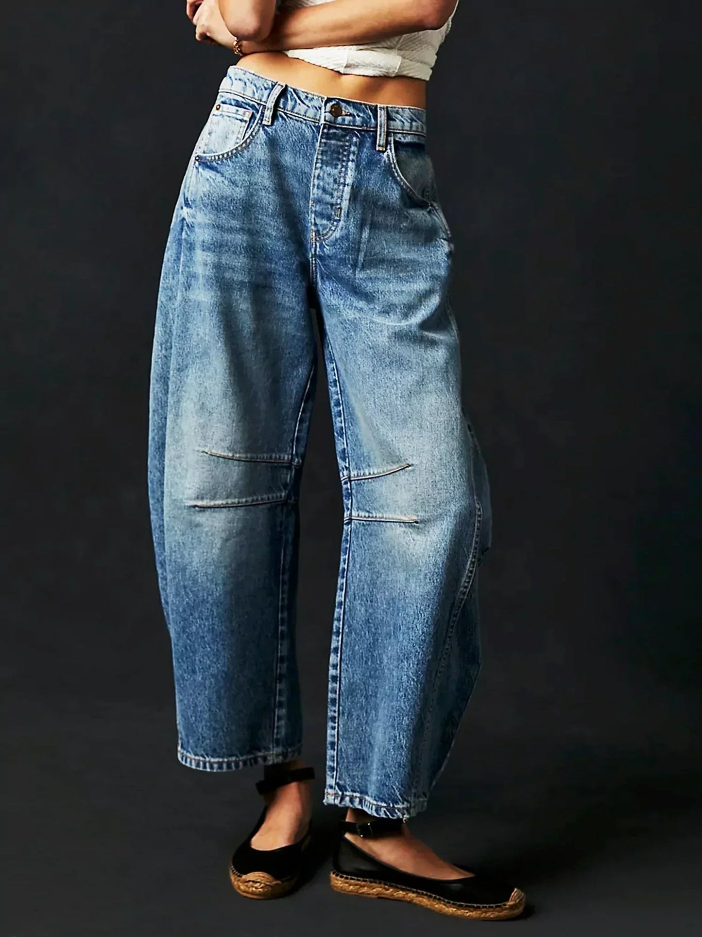 Women’s Barrel Jeans – Relaxed Fit – Full Length – Leopard Print Denim Casual Wear