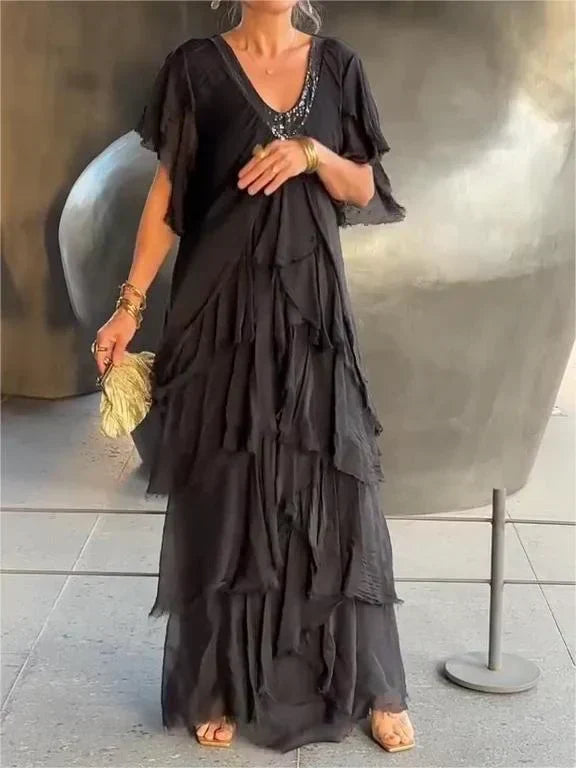 Women's Maxi Dress - Tiered Flowing Design - V-Neck Embellished - Short Flutter Sleeves