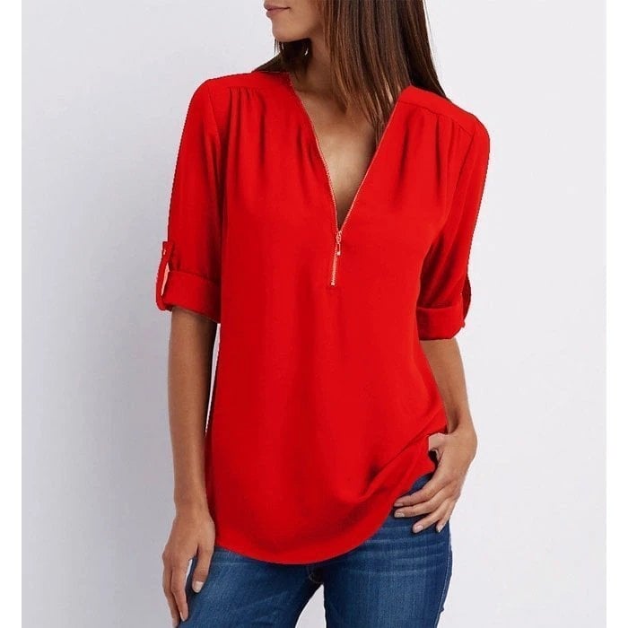 Women’s Blouse – Relaxed Fit – Cotton Blend – Half Zip – 3/4 Roll-Up Sleeves