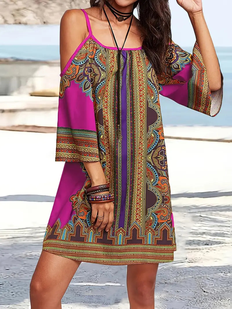 Women's Bohemian Off-Shoulder Dress - Flowy Lightweight Fabric - Casual Loose Fit