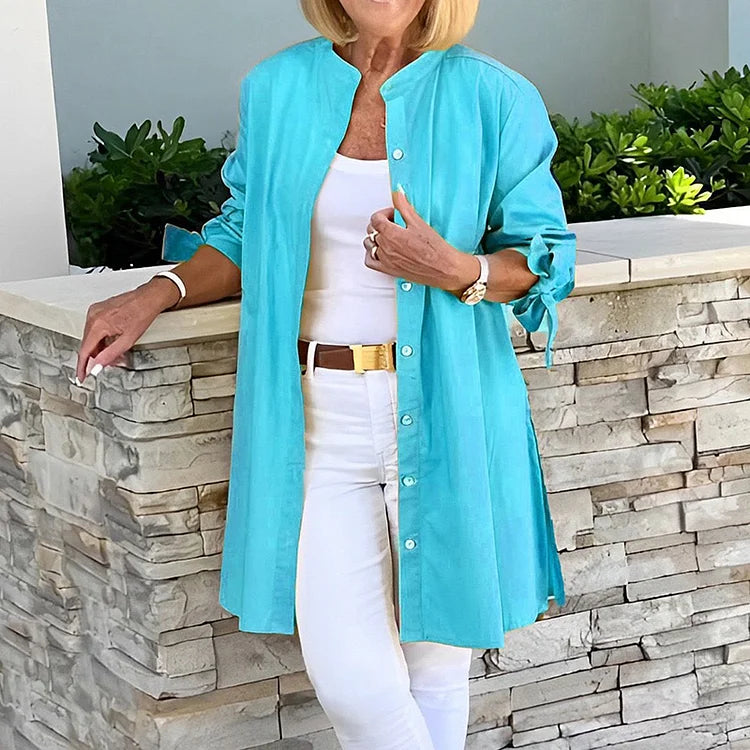 Women’s Long Shirt – Relaxed Fit – Button Front – Natural Fibers – Tie Cuff Sleeves
