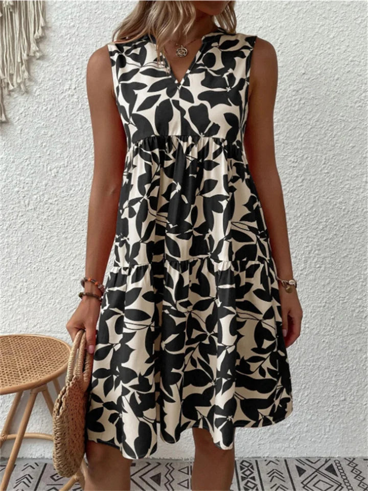 Women’s Sleeveless Dress – V-Neck – Relaxed Fit – Abstract Print – Knee Length – Breathable Blend