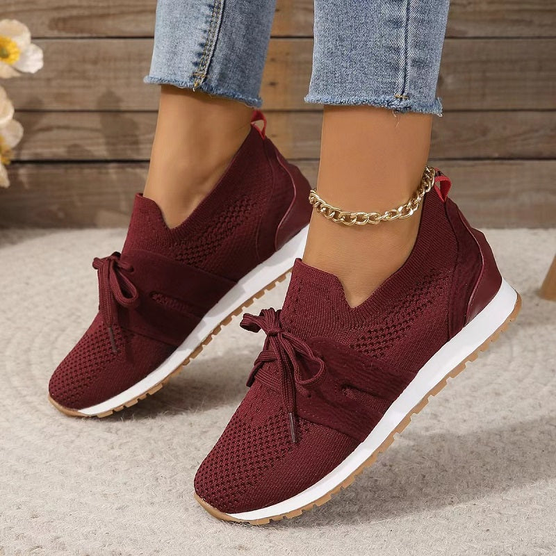 Women’s Knit Sneakers – Low Top – Breathable Mesh – Lace-Up Casual Fit