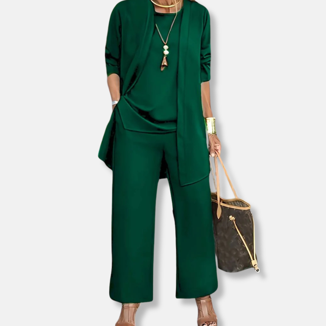 Women's Draped Jacket and Wide-Leg Trousers Set - Jersey - Relaxed Silhouette