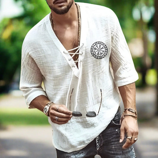 Men’s Linen Shirt - Relaxed Fit - V-Neck Lace-Up - Three-Quarter Sleeve Casual Wear