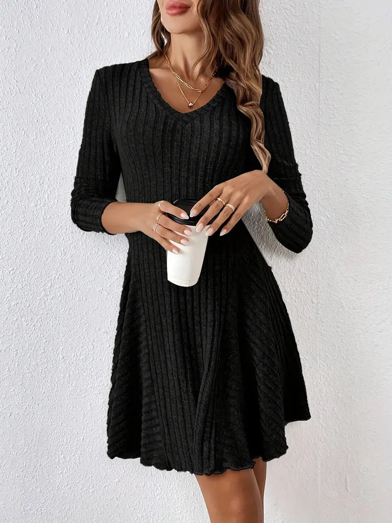 Women's Ribbed V-Neck Dress - Long Sleeve - Fitted Bodice - A-Line Knee Length
