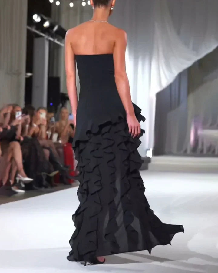Women's Strapless Evening Dress - High-Low Ruffle Hem - Elegant Formal Wear