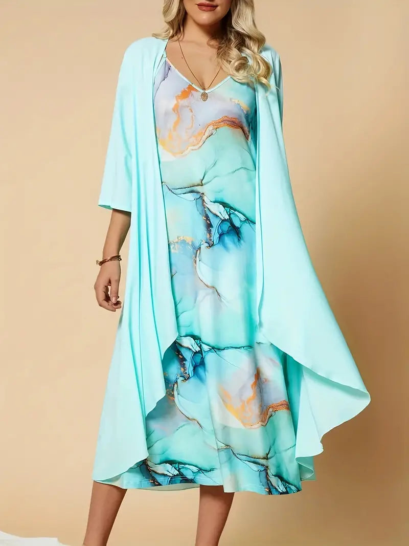 Women's Midi Dress - Sleeveless V-Neck - Flowing Silhouette - Lightweight Cardigan