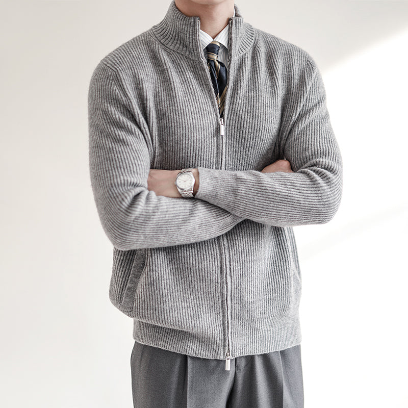 Men’s Cardigan – Slim Fit Wool Blend – Zip Front High Collar Ribbed Knit