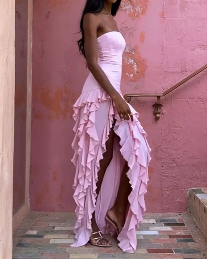 Women's Strapless Evening Dress - High-Low Ruffle Hem - Elegant Formal Wear