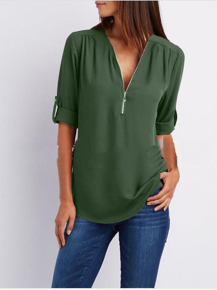 Women’s Blouse – Relaxed Fit – Cotton Blend – Half Zip – 3/4 Roll-Up Sleeves