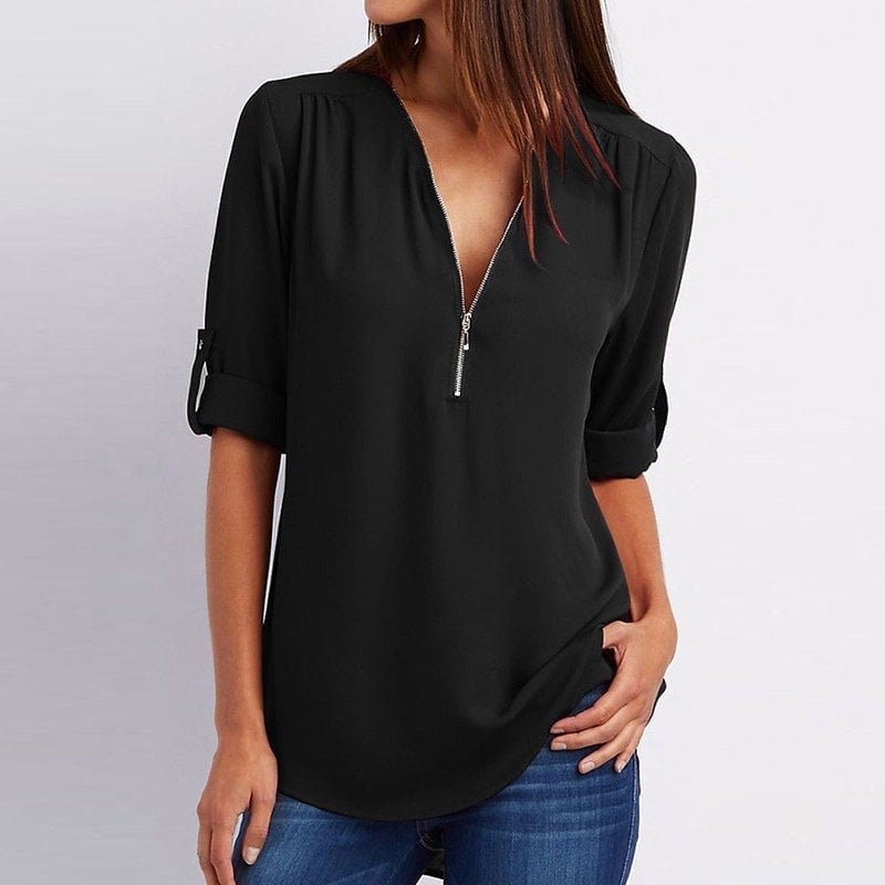 Women’s Blouse – Relaxed Fit – Cotton Blend – Half Zip – 3/4 Roll-Up Sleeves