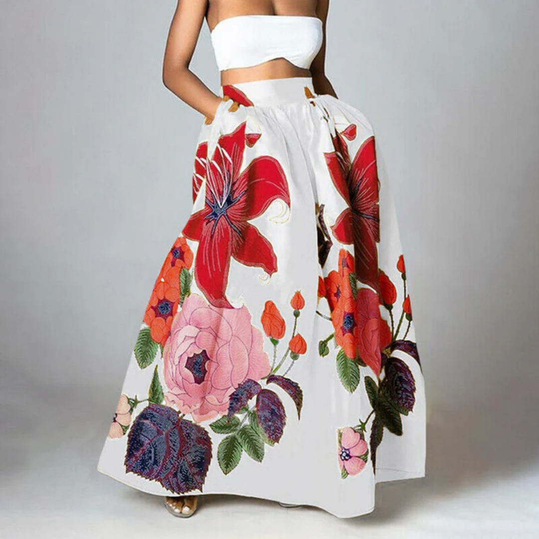 Women’s Maxi Skirt - Cotton Blend - Flared Fit - Wide Waistband - Bold Floral Print