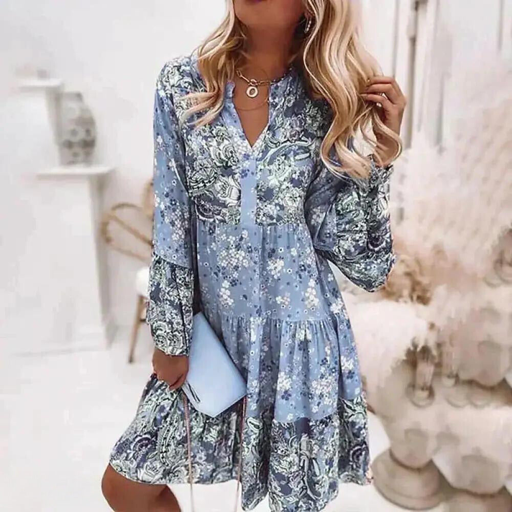 Women’s Dress – A-Line Silhouette – V-Neck – Long Sleeve – Tiered Floral Cotton
