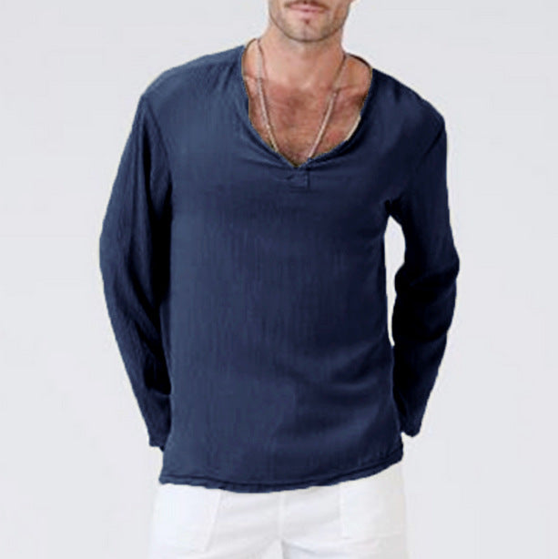 Men’s T-Shirt – Cotton Linen Blend – Relaxed Fit – V-Neck – Long Sleeve Casual Wear