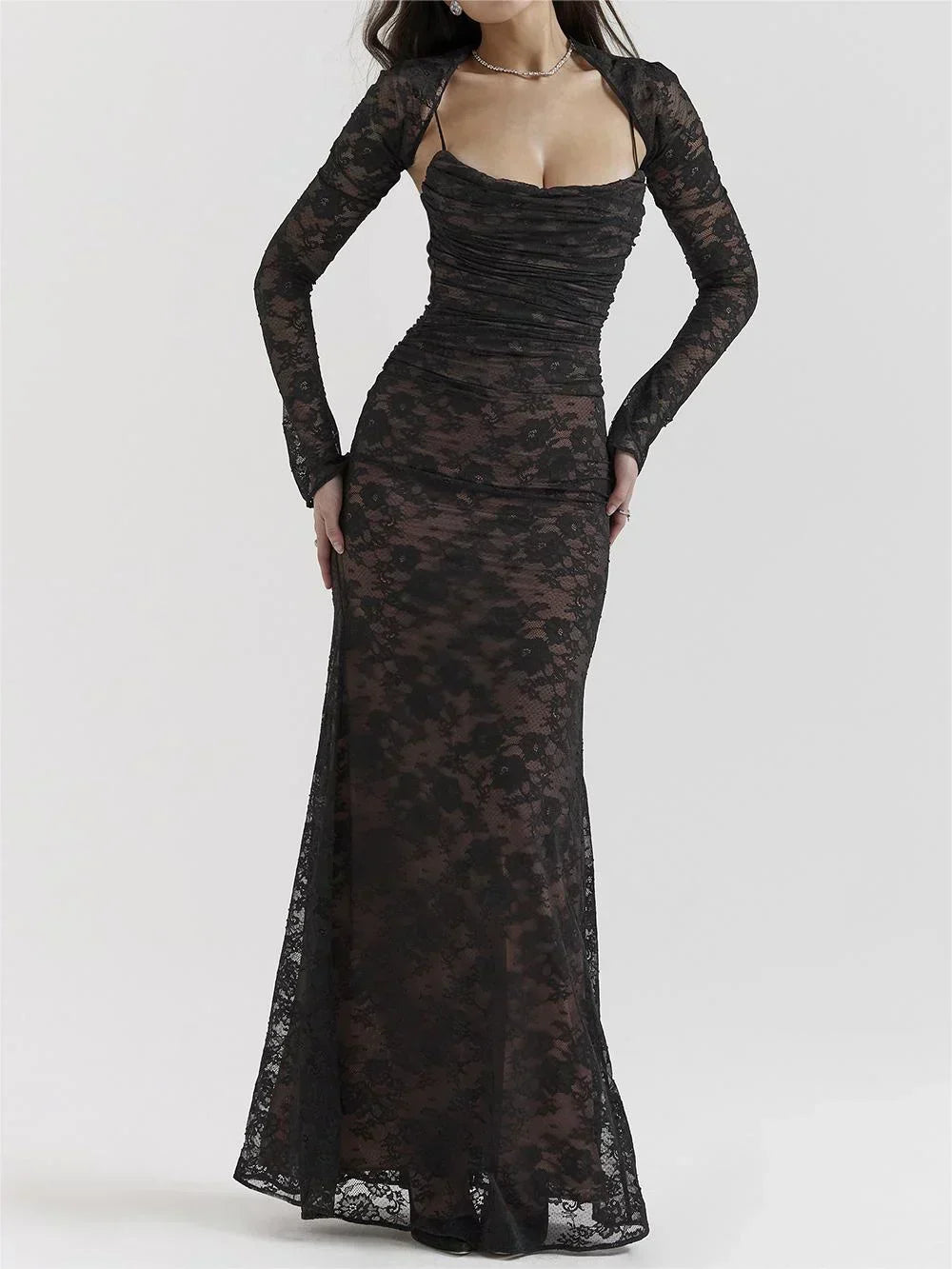 Women's Evening Gown - Lace Overlay - Long Sleeve - Sweetheart Neckline - Formal Wear