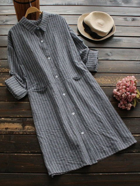 Women’s Shirt Dress – Lightweight Cotton – Relaxed Fit – Mid-Length Striped Casual