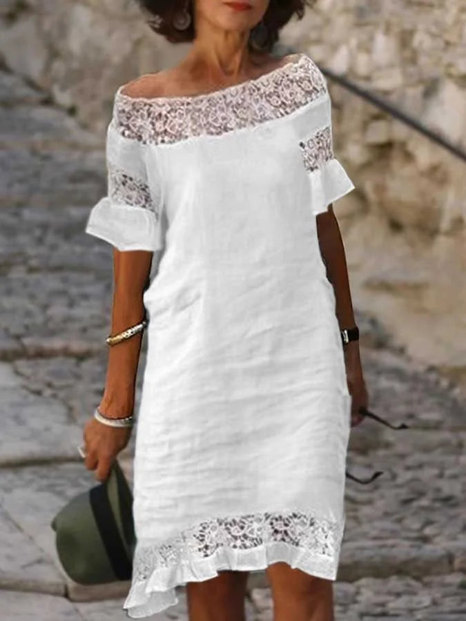 Women's Off-the-Shoulder Dress - Lace Trim - Short Sleeve - Relaxed Fit - Knee Length