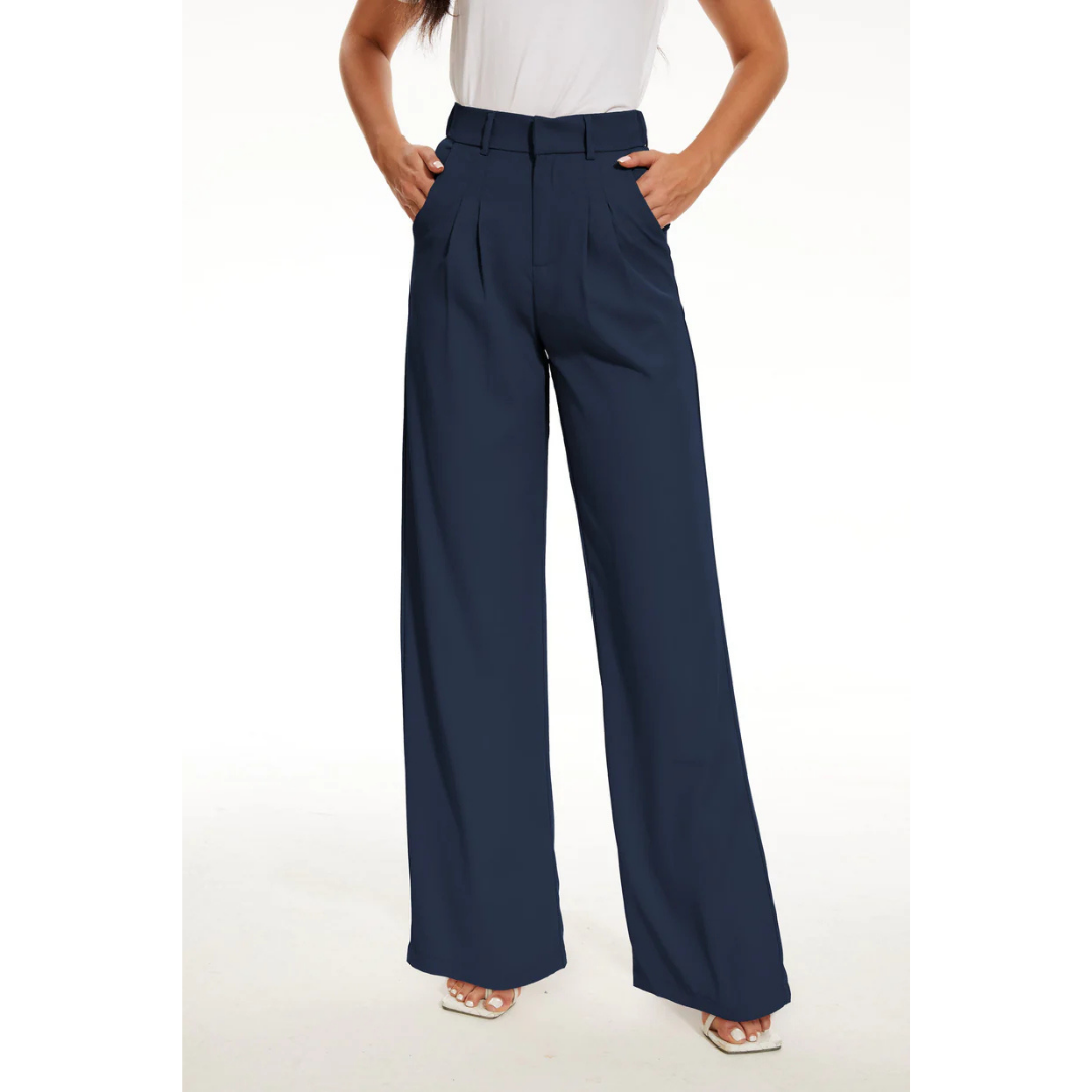 Women's Wide-Leg Trousers - Woven - Tailored Fit - High Waist Pleats