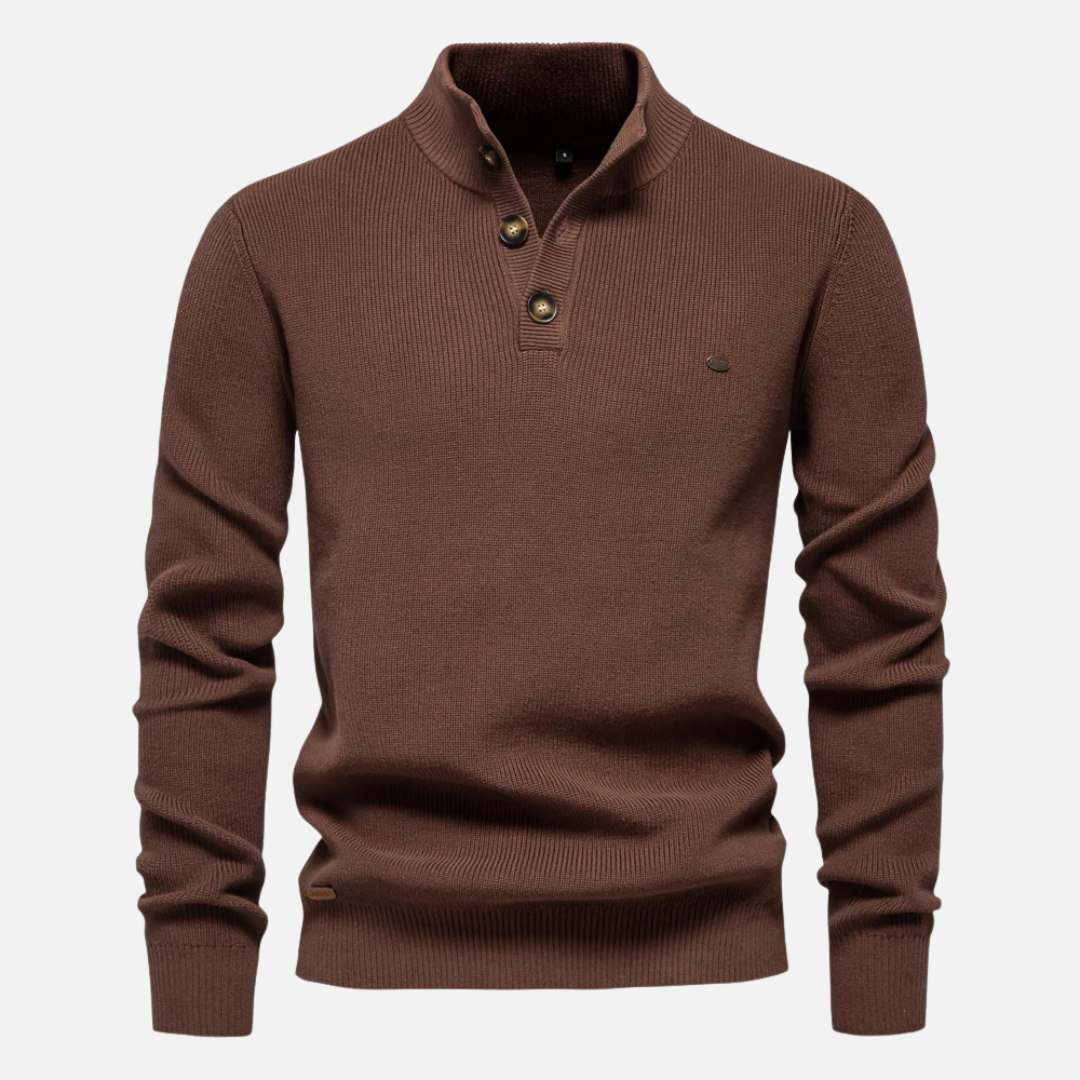 Men’s Turtleneck Sweater – Wool Blend Knit – Slim Fit – Ribbed with Button Placket