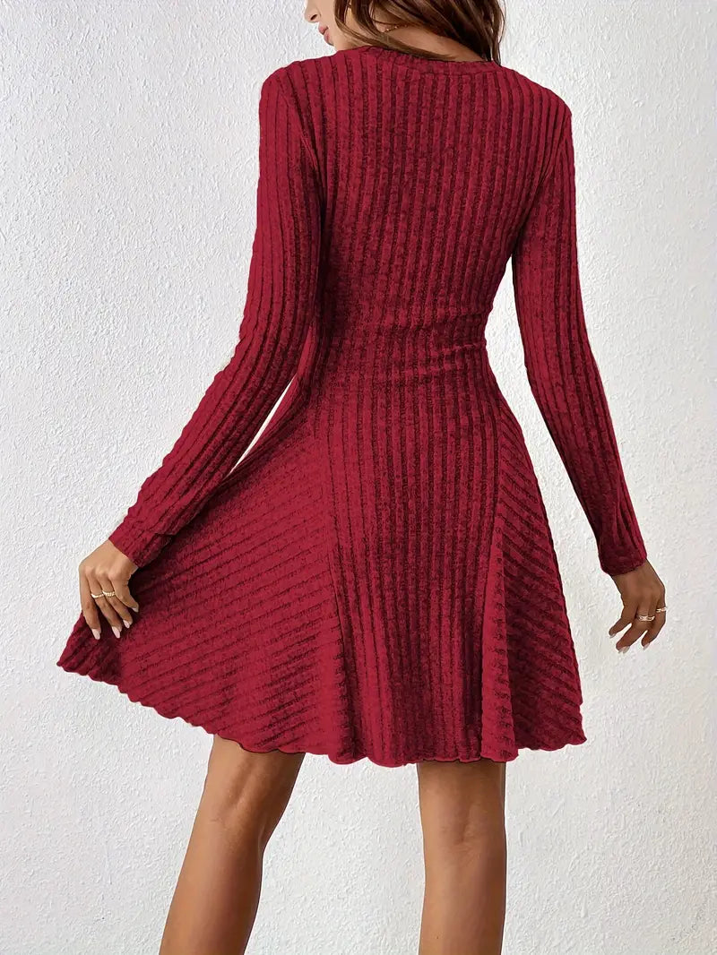 Women's Ribbed V-Neck Dress - Long Sleeve - Fitted Bodice - A-Line Knee Length